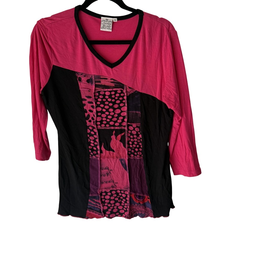 Parsley & Sage Pink Black Patchwork Emo Scene Grunge V-Neck Top Medium